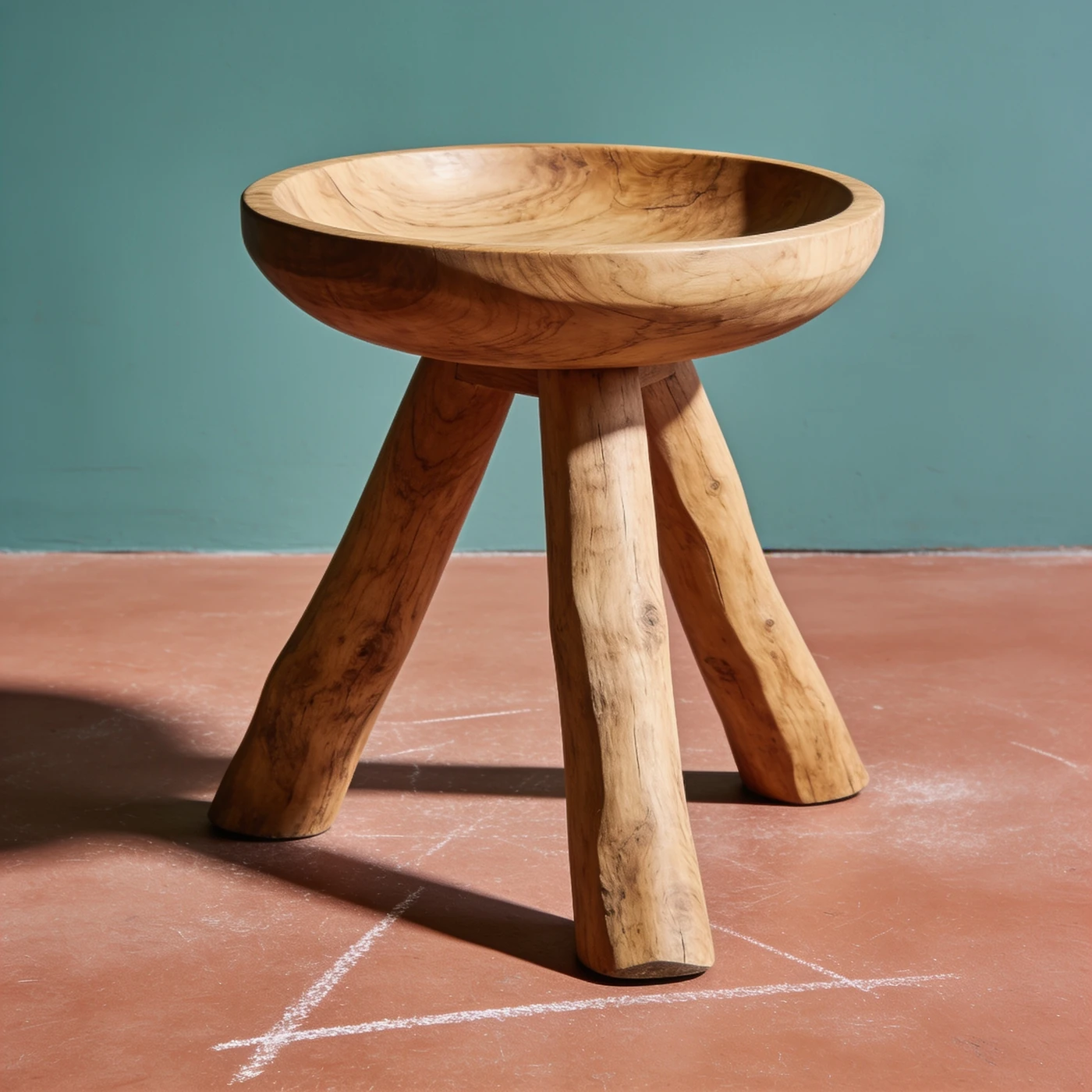 Dreibein Hocker — Vollständiger Hocker mit runder, leicht gemuldeter Sitzfläche und drei kräftigen ausgestellten Holzbeinen.