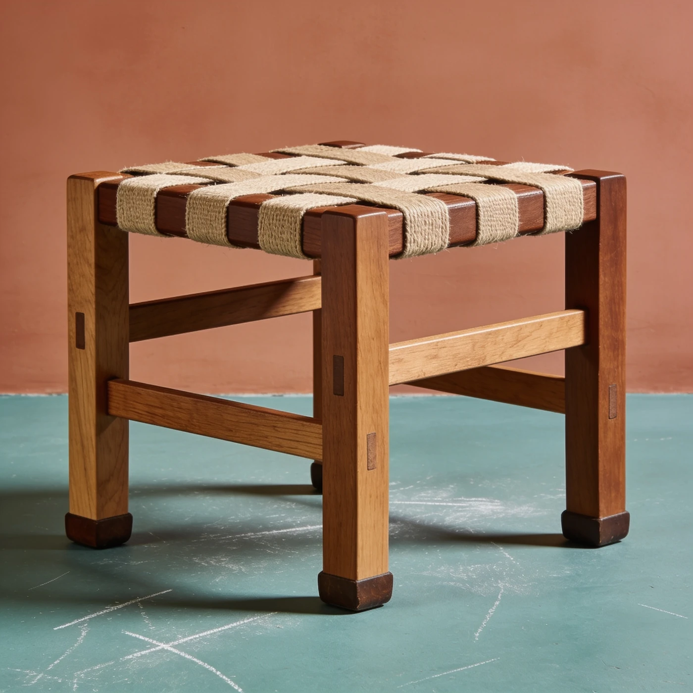 Gurt Hocker — Vollständiger Hocker mit quadratischer gewebter Gurtsitzfläche auf einem sichtbaren vierbeinigen Holzgestell mit seitlichen Streben.