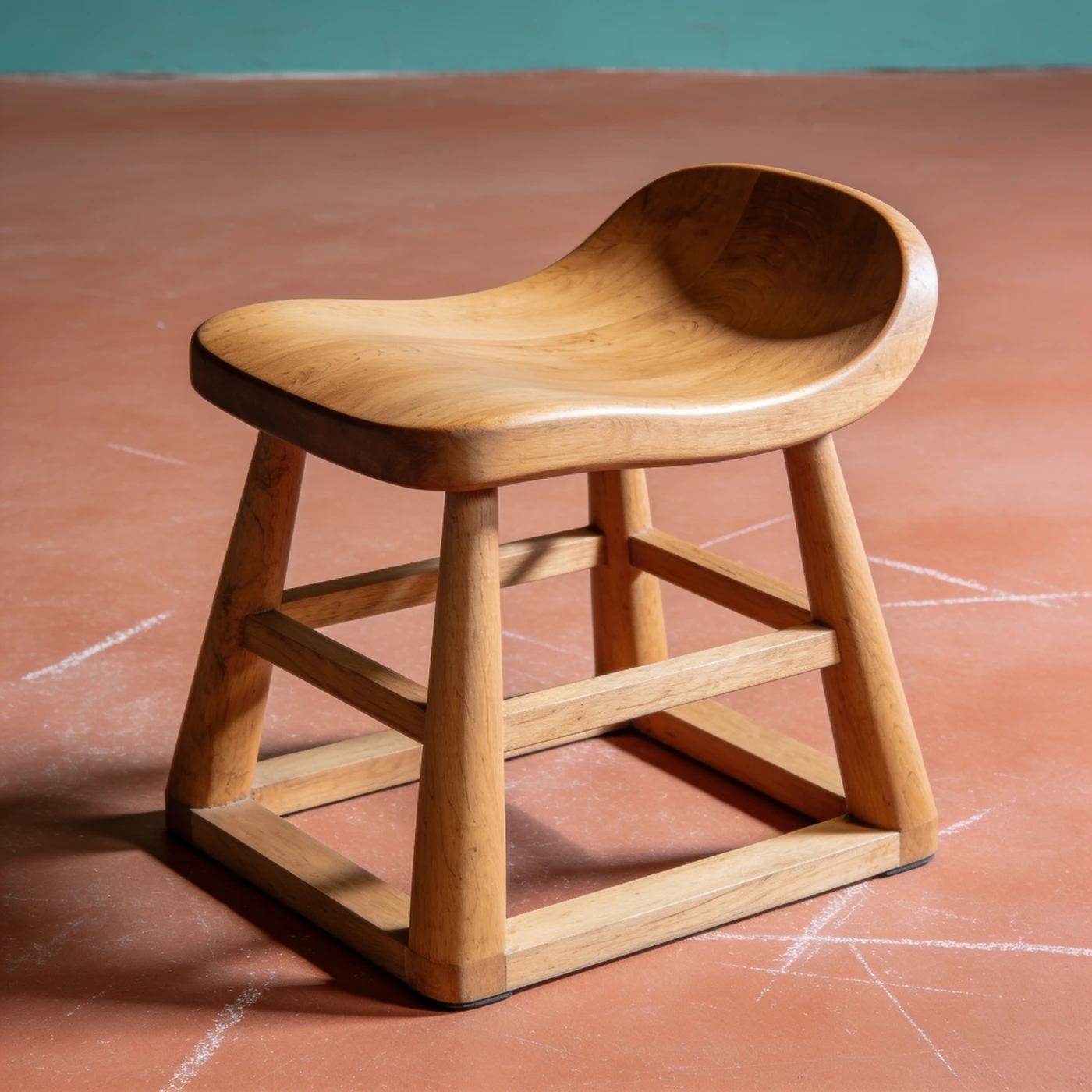 Sattel Hocker — Vollständiger Hocker mit geschwungener Sattelsitzfläche, vier verjüngten Beinen und tiefen Kreuzstreben.